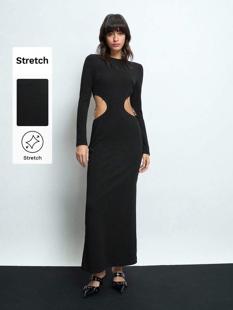 SHEIN Maija Women's Black Side Cut-Out Pearl Decor Dress, Versatile All-Season, Modern Elegant Casual Fashion Sophisticated Lady Long Sleeve Round Neck Fishtail Hem Dress, Great For Valentine's Day Festival