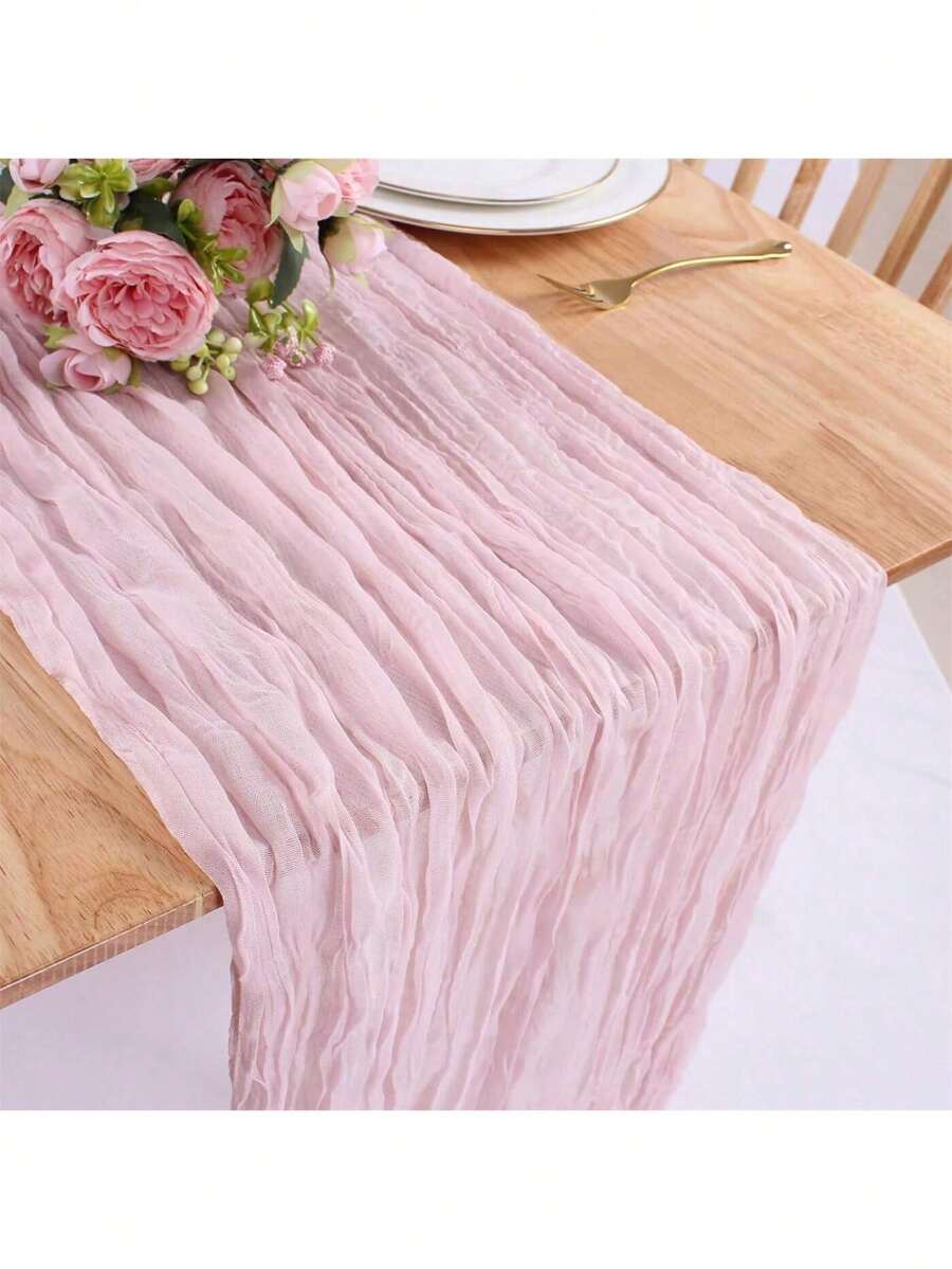 1pc Pink Cheesecloth Tablecloth, Boho Sheer Fabric Tablecloth, Transparent Sheer Table Runner, Suitable For Baby Shower, Wedding Bridal, Birthday Party, Dining Table Decor