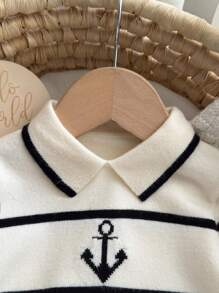 SHEIN Newborn Baby Boy/Girl Cute Colorblock Striped Long Sleeve Polo Collar Sweater Romper, Fall/Winter