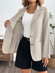 SHEIN LUNE Casual Women's Cotton Linen Striped Blazer, Cotton Back To School Teacher Fall Business Casual Fall Office Winter Lounge Work Teacher Old Money Style Old Money Travel Airport Office Winter Fall