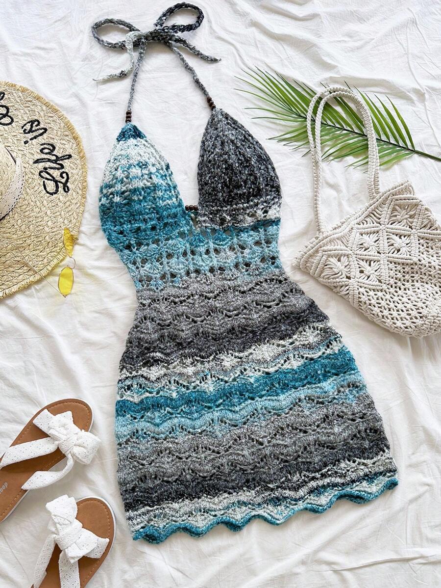 Soleia Gradient Color Sexy Strap V-Neck Hollow-Out Wood Bead Fitted Ladies Sweater Dress, Vacation Spaghetti Strap Backless Gradient Knitted Dress, Suitable For Holiday, Date, Afternoon Tea, Vacation, Music Festival, Bohemian