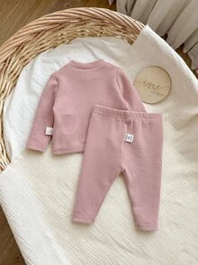 SHEIN 新生女婴可爱卡通图案长袖粉色睡衣套装 - 粉色 - 查看 2