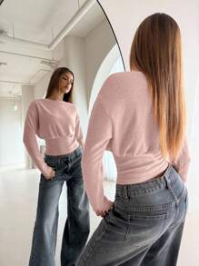 Aloruh Camiseta de manga larga de unicolor con cuello redondo, cintura ceñida y piel sintética para mujer - Rosa vieja - Ver 7