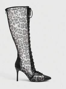 CUCCOO SZL Women's Pointed Toe Leopard Print Mesh High Heel Boots, Fashion Comfortable For Party And Nightclub, With Lace-Up And Back Zipper