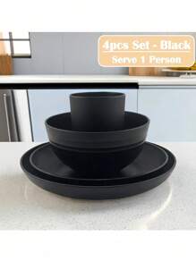 SHEIN 可重复使用的黑色塑料餐具套装，含盘子、碗和杯子 - 便携式餐具，适用于家庭、厨房、户外旅行、露营、派对 - 圣诞礼物