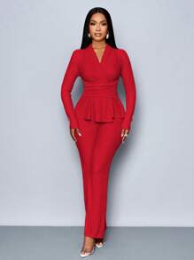 SOLERSUN 女士杏色优雅 V 领长袖 T 恤和阔腿裤两件套，不对称下摆两件套服装，休闲日常穿着，女士冬装 - 紅色 - 查看 6