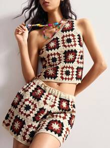 Bohemela Bohemian Women's Resort Retro Style Crochet Top And Shorts Wool Set - Brown - View 6