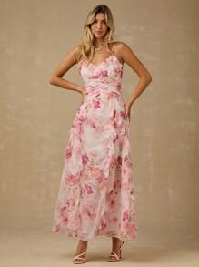 Enchnt Frühlings-/Sommer-romantisches Damen-Maxikleid mit rosa Blume Muster, Spaghettiträgern, geraffter Taille und Rüschensaum, süß und elegant für Urlaub, Date, Feiertage, Party, Abschluss, Hochzeitsgast, Strand, Abschlussball, Sommerkleider für Damen, Sommerkleider, Sommerkleidung, elegante Partykleider, Boho-Kleidung für Damen