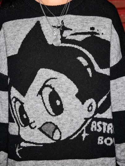 Astro Boy X ROMWE Suéter holgado de mujer con hombros caídos, de patrón de rayas y diseño de dibujos animados