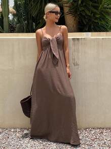 Livesso 女式夏季休闲纯色系带长裙 - 咖啡 - 查看 3