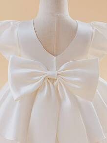 Glamorique Kids Baby Girl's Puffy Mesh & Satin Floral Dress, Bridesmaid/Birthday Tulle Dress With Bubble Sleeves, Bow Back, Infant Wedding/Party Pageant Gown Fall Winter