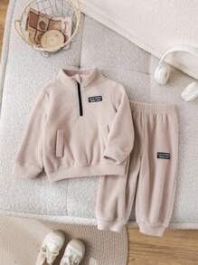 Baby Boy/Girl 2pcs/Set Casual Cute & Fun Sports Streetwear College All-Match Style Versatile Simple Comfortable Fashion Children Set, Fleece Thickened Suitable For Autumn/Winter, Fit For Birthday Party, Baptism, 1st Birthday Celebration, Gala, Performance, Wedding And Other Occasions Baby Boy Tan Outfit Baby Boy Sweatsuit Toddler Two Piece Set Boy Baby Boy Track Suit Toddler Suit Fall - Khaki - View 2