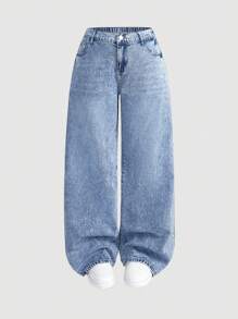 SHEIN MOD Denim Casuais de Ajuste Reto Azul Plus Size, Denim de Jeans Reto Solto, Perna Longa, Todas as Estações, Verão / Verão / Verão, Primavera / Primavera para Mulheres, Praia para Mulher / Praia, Brunch para Mulheres, Spring Break / Spring Break, Mulheres de Concerto / Festival Rave / Concerto Country / Ibiza / Nashville