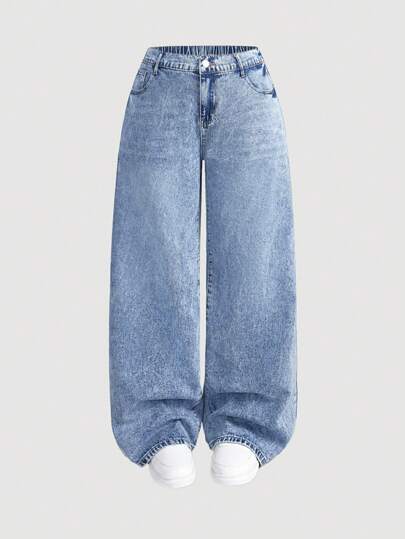 SHEIN MOD Jeans vaqueros rectos de ajuste holgado y talla grande de color azul, aptos para todo el año, verano, primavera, playa, brunch, vacaciones de primavera y conciertos para mujeres