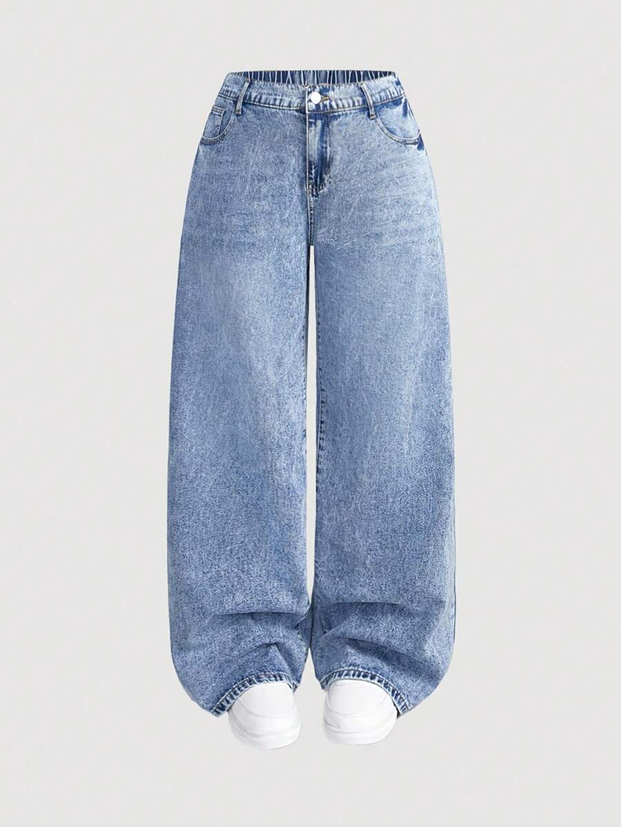 SHEIN MOD Denim Casuais de Ajuste Reto Azul Plus Size, Denim de Jeans Reto Solto, Perna Longa, Todas as Estações, Verão / Verão / Verão, Primavera / Primavera para Mulheres, Praia para Mulher / Praia, Brunch para Mulheres, Spring Break / Spring Break, Mulheres de Concerto / Festival Rave / Concerto Country / Ibiza / Nashville