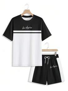 Manfinity Homme 男士字母印花圆领短袖休闲T恤和抽绳腰短裤套装 - 彩色 - 查看 3