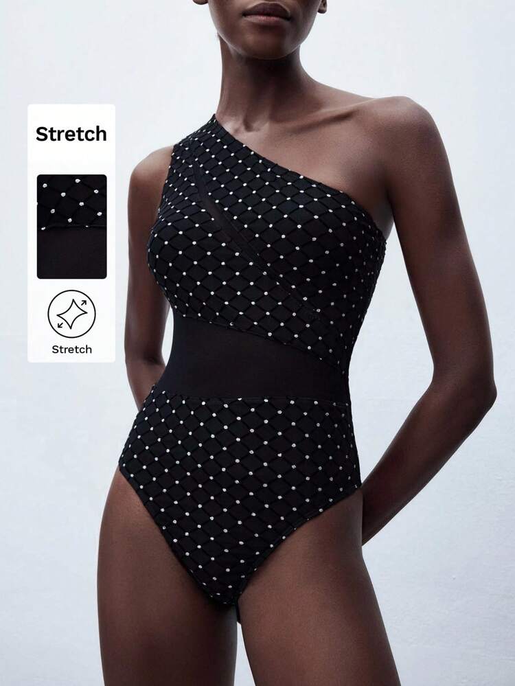 SHEIN Maija Women's Black One-Shoulder, Rhinestone And Mesh Summer Bodysuit, Sexy Sleeveless Bodysuit For Beach Holidays, Beach Essential Outfit