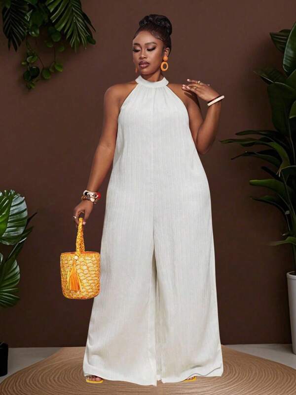 Veslaya New Spring And Summer Casual Vacation Daily Commuting Halterneck Round Neck Sleeveless Ultra-Loose Wide-Leg Extra-Long Pants White Women's Plus Jumpsuit Halter Jumpsuit Vacation Jumpsuit Wide Leg Jumpsuit Plus Size Jumpsuit Summer Jumpsuit