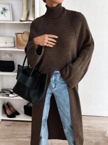 EURMUSE Women Simple Plain High Neck Long Sleeve Split Hem Long Dress - Coffee Brown - View 5