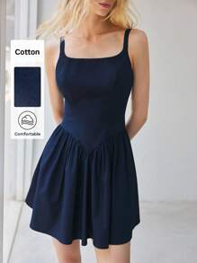 Maija Navy Blue Waist-Cinched Backless Tie Detail Summer Mini Dress For Women, Leisure, Fashion, Festival, Party - Navy Blue - View 1