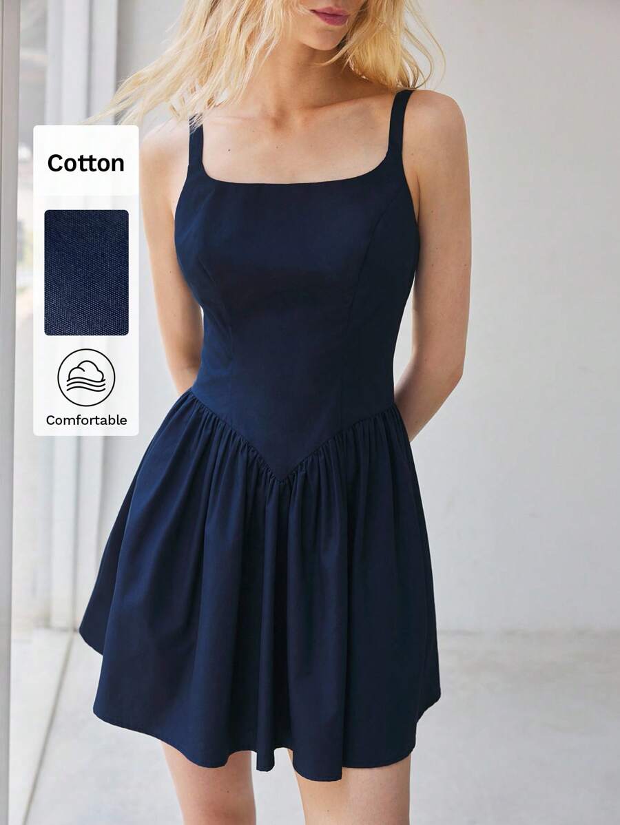 Maija Navy Blue Waist-Cinched Backless Tie Detail Summer Mini Dress For Women, Leisure, Fashion, Festival, Party - Navy Blue - View 1