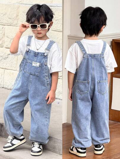 SHEIN Little Byeori Young Boy Fall And Winter Distressed Casual Everyday Style Korean Style Blue Denim Patch Decor Loose Fit Jeans Overalls Jumpsuit With Ankle Cuffs,For Boys Back To School And Streetwear Outfits, Kids Denim Jumpsuit, Kids Jeans Romper, Teenage Denim Overalls,Boy Kids Overalls