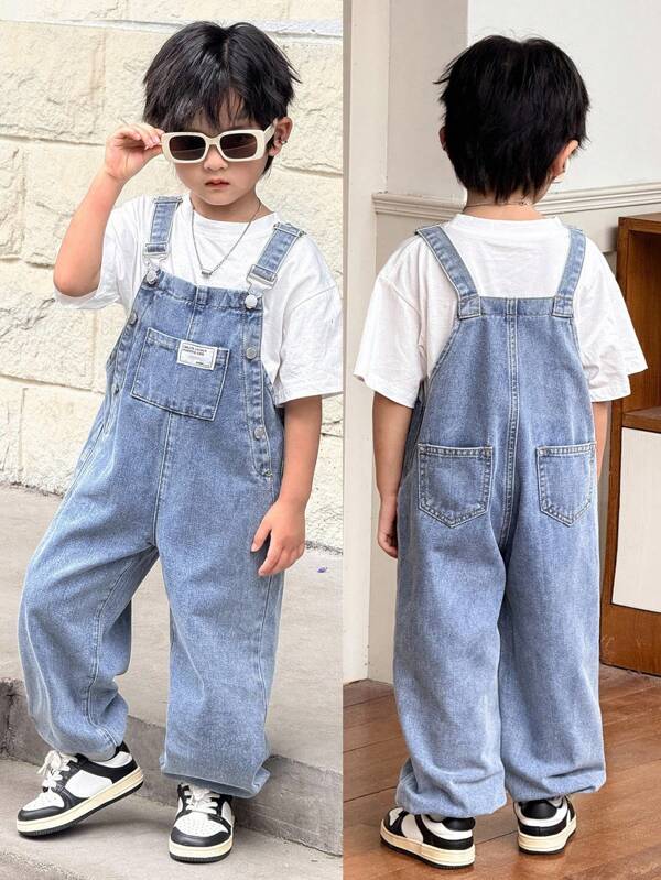 Young Boy Fall And Winter Distressed Casual Everyday Style Korean Style Blue Denim Patch Decor Loose Fit Jeans Overalls Jumpsuit With Ankle Cuffs,For Boys Back To School And Streetwear Outfits, Kids Denim Jumpsuit, Kids Jeans Romper, Teenage Denim Overalls,Boy Kids Overalls