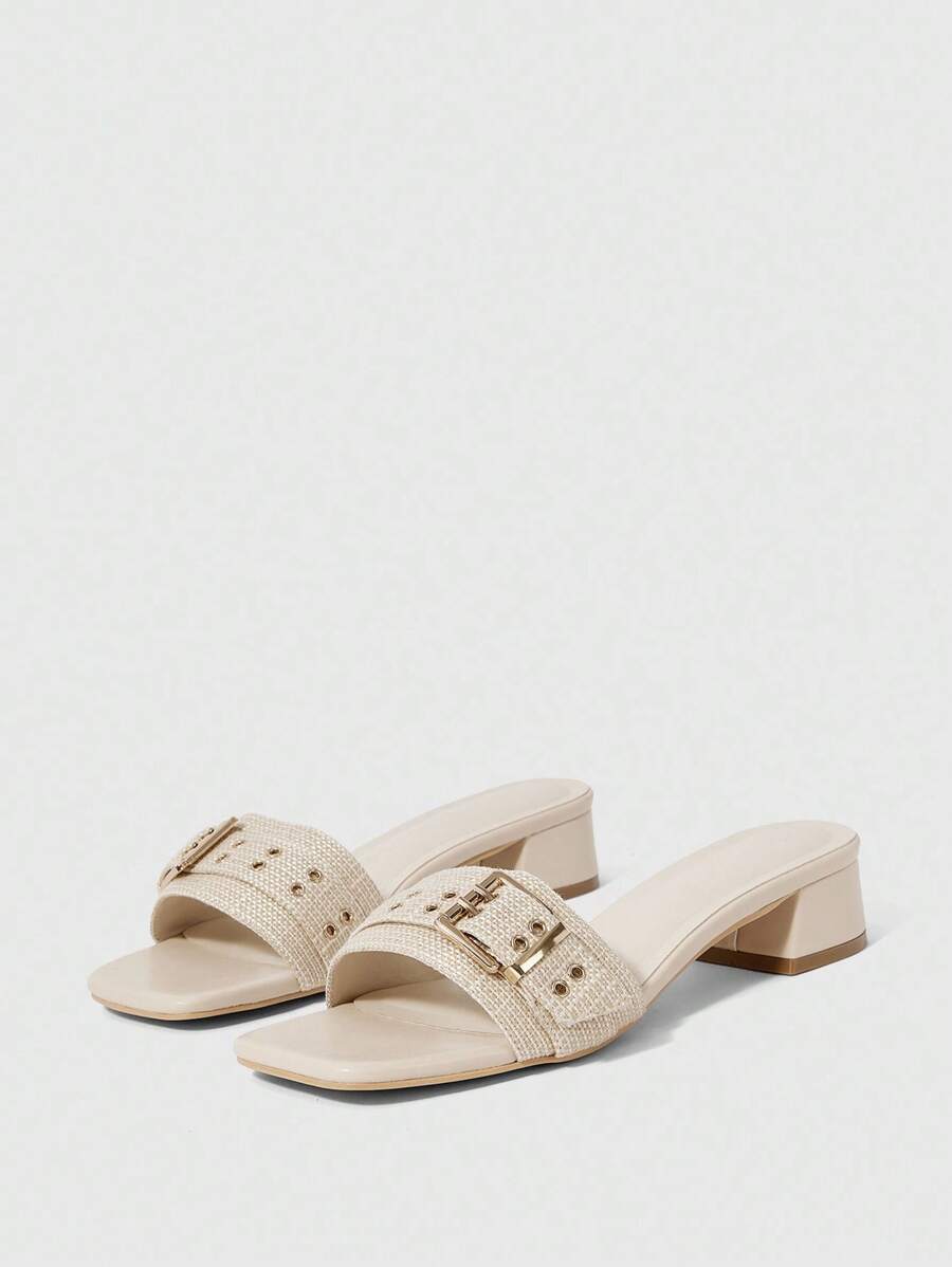 Rosivie Giày sandal gót vuông dày cho nữ có khóa trang trí - Màu be - Xem 1
