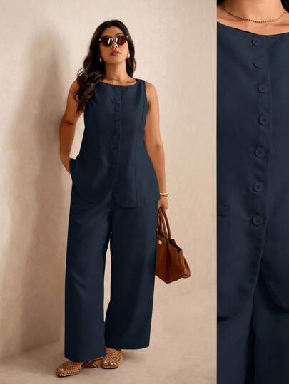 Elaquor Conjunto de talla grande para mujer de camisa tipo chaleco en unicolor y pantalón recto para uso casual y de oficina