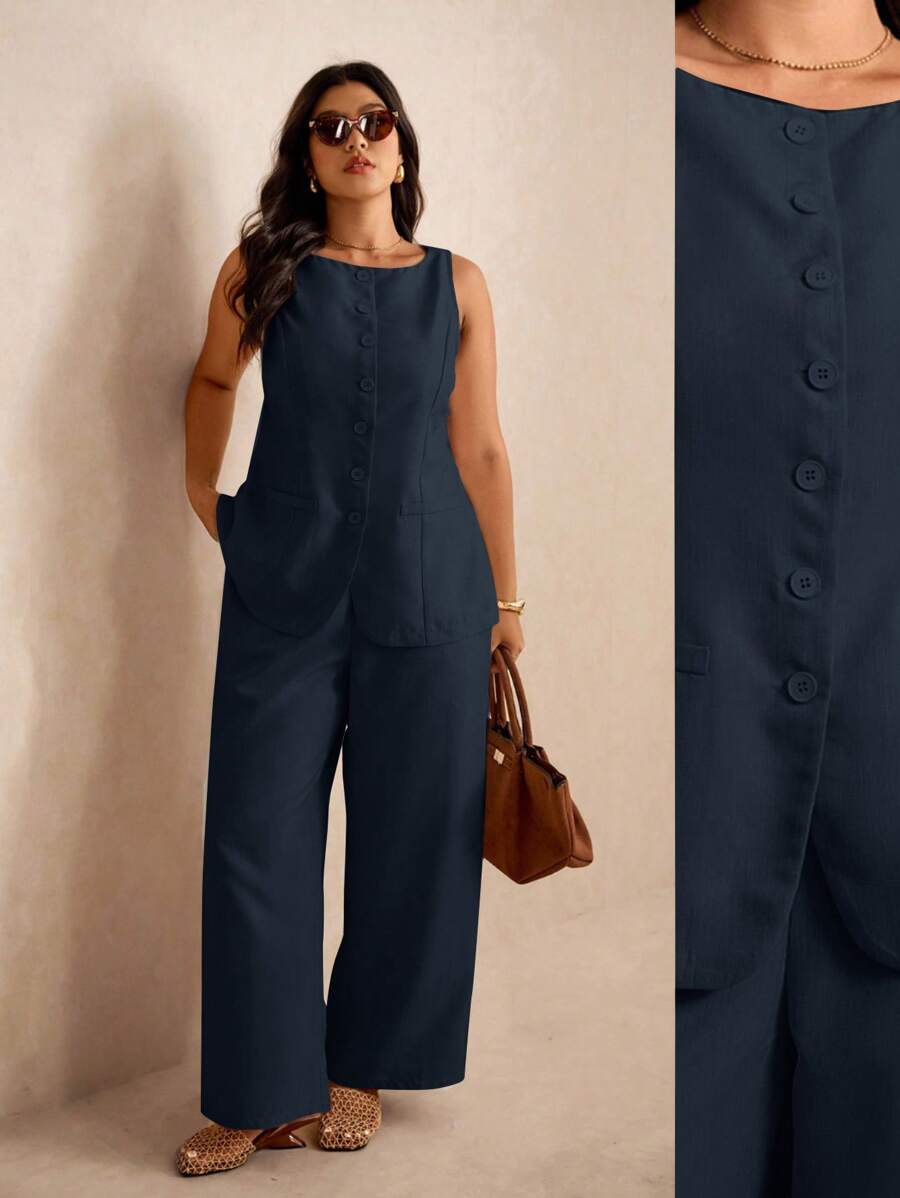 Elaquor Bộ đồ vest nữ dáng rộng màu trơn, áo sơ mi và quần ống đứng đi làm thường ngày - Màu xanh hải quân - Xem 1