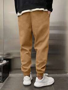 Cottnline Cotton Men's Solid Color Drawstring Waistband Sweatpants With Pockets And Elastic Cuffs - Camel - View 2