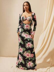 Vixey 2 piezas Vestido maxi ajustado de cuello en punta de manga larga y sujetador con relleno estampado con flores tropicales