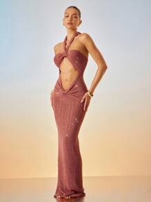 Hauture Váy len dệt kim lấp lánh gợi cảm cho kỳ nghỉ đêm hè dành cho nữ với chi tiết cắt xẻ phía trước - màu nâu - Xem 3