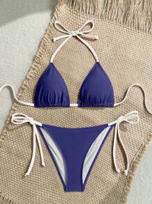 SHEIN Swim Vacation Beach Color Block Trim Bikini Swimwear For Summer - Navy Blue - View 7