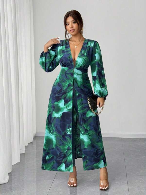 Elenzga Chaqueta casual larga de talla grande con estampado floral, escote en V y mangas farol