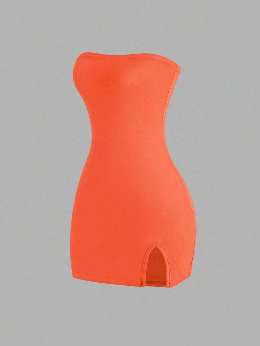 Sweetra Women Solid Color Strapless Bodycon Party Dress Mini Short Women Outfit - Orange - View 1