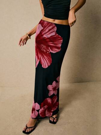 Poéselle Damkjolar Mesh Print Maxikjol Svart kjol Elegant Dam Semester Blommigt Mönster Sjöjungfrukant Elegant Kjol Sommar För Dam Sommar Sommarbyxor Land Konsert Festival För Dam Strand För Dam Y2k Maxikjol