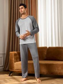 Manfinity Underwear&Sleepwear Basics 2PCS Men's Contrast Color Patchwork Long Sleeve Top & Pants Pajama Set Basic Loungewear Sleep, Fall Winter Clothes - Light Grey - View 6