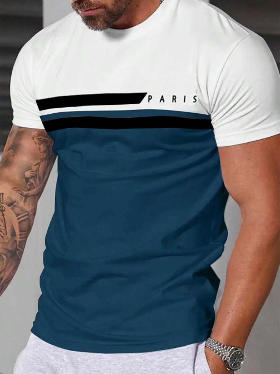 Manfinity Homme 男士夏季字母印花短袖休闲百搭圆领T恤 - 彩色 - 查看 1