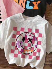 SHEIN Leap Crew 4件組青少年女孩夏季可愛校園風多色休閒卡通笑臉印花圓領短袖T恤，Y2K青少年女孩上衣，Baby Tees，Good Vibes - 彩色 - 查看 3