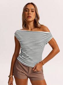 SHEIN BAE Spring, Autumn And Summer Crochet Brown Striped Off-Shoulder Asymmetrical Top T-Shirt Is Suitable For Daily Leisure, Going Out, Going Out With Girlfriends, Afternoon Tea, Commuting Leisure, Beach Vacation, And All-Match Occasions - White - View 3