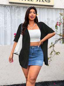 SHEIN EZwear Plus Size Casual Versatile Solid Color Hollow-Out Knitted Cardigan