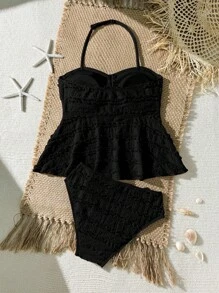 SHEIN 少女纯色纹理面料分体泳衣，罩杯褶皱设计，欧美时尚，适合海滩/度假季节，随机修剪