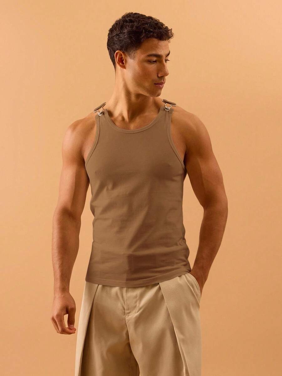 Musero 男士罗纹背心，金属细节扣合，适合夏季春季度假海滩泳池边穿着 - 棕色 - 查看 1