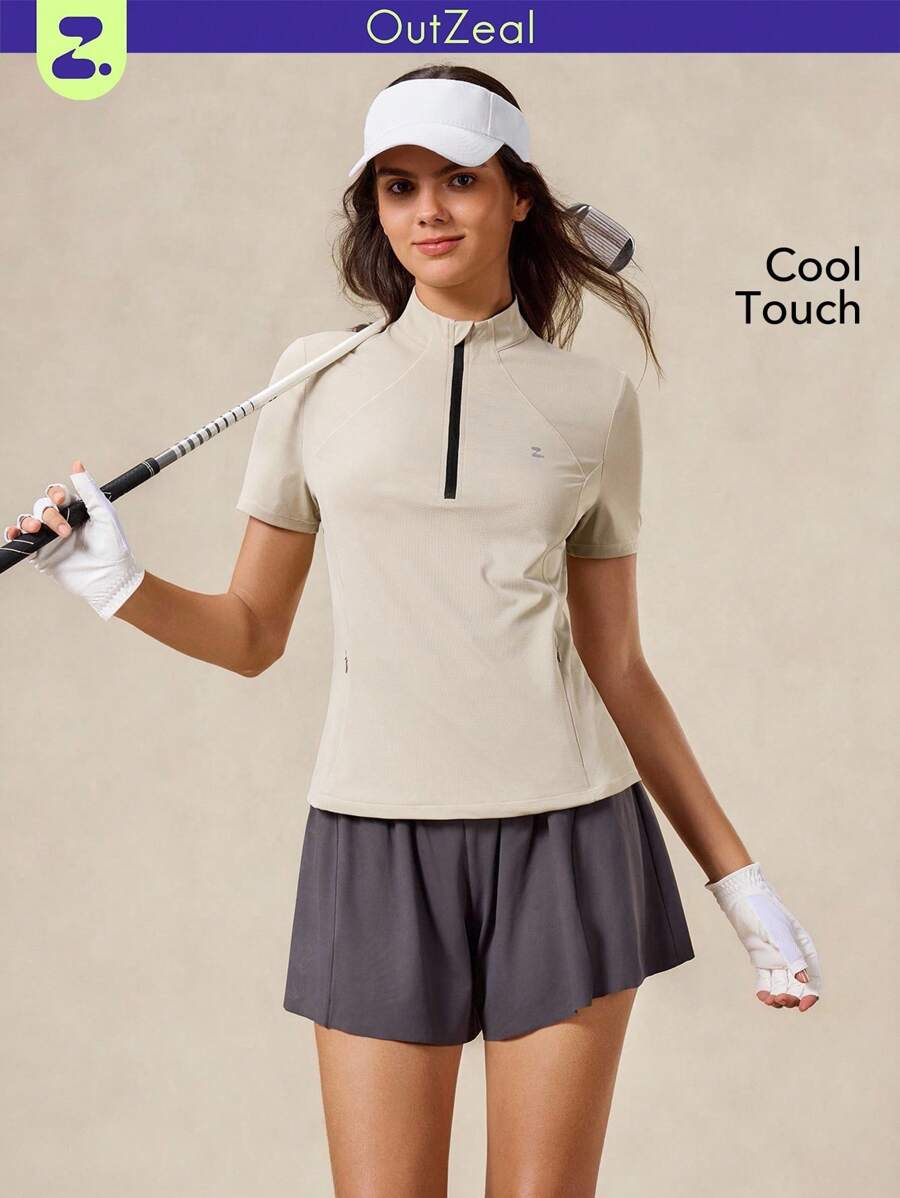 OutZeal Women Sports Sweatshirt Gym Wear Golf Polo Long Sleeve UV Protection Cool Touch Stand Collar Half-Zip Top - Khaki - View 1