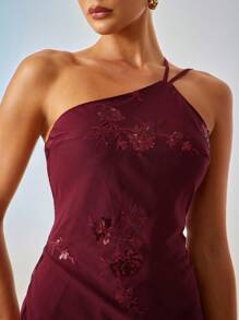 Hauture Women's Sexy Summer Night Vacay One Shoulder Low Back Burgundy Sequin Floral Mini Dress