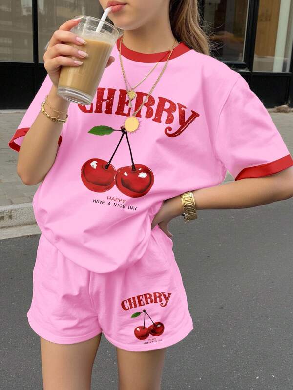 SHEIN Tween Girls Casual Simple Short Sleeve Shorts 2 Pieces Set, Suitable For Summer Cherry Outfit Cherry Shorts Set Girls Cherry Top Cherry T Shirt Pink Cherry Set