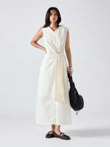 LYSMO Robe décontractée sans manches pour femme, couleur unie, été - Nude - Voir 4