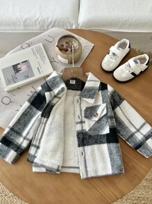 SHEIN 男婴格子翻领单排扣口袋长袖夹克 - 彩色 - 查看 1