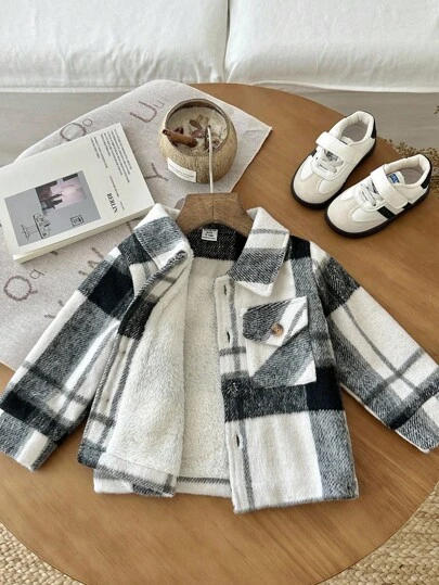 SHEIN 男婴格子翻领单排扣口袋长袖夹克